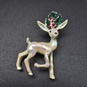 Gerry's White Pearlescent Enamel Reindeer Brooch Vintage Christmas Jewelry